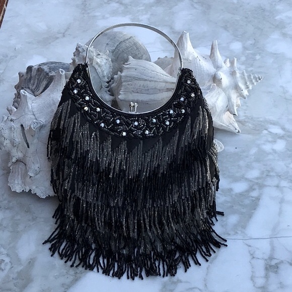 Vintage Black and Silver Beaded Evening Bag - Picture 3 of 10